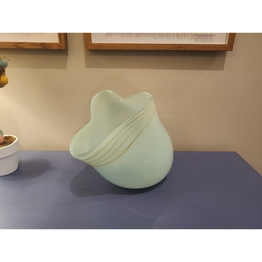 GLOBAL VIEWS OPALESCENT SEA GREEN ART GLASS HAND BLOWN CANDLE FLOWER VASE 12x9